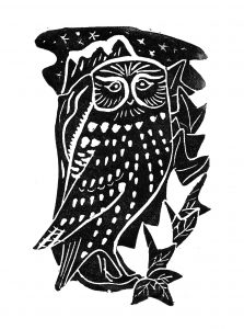 An owl framed by ivy leaves